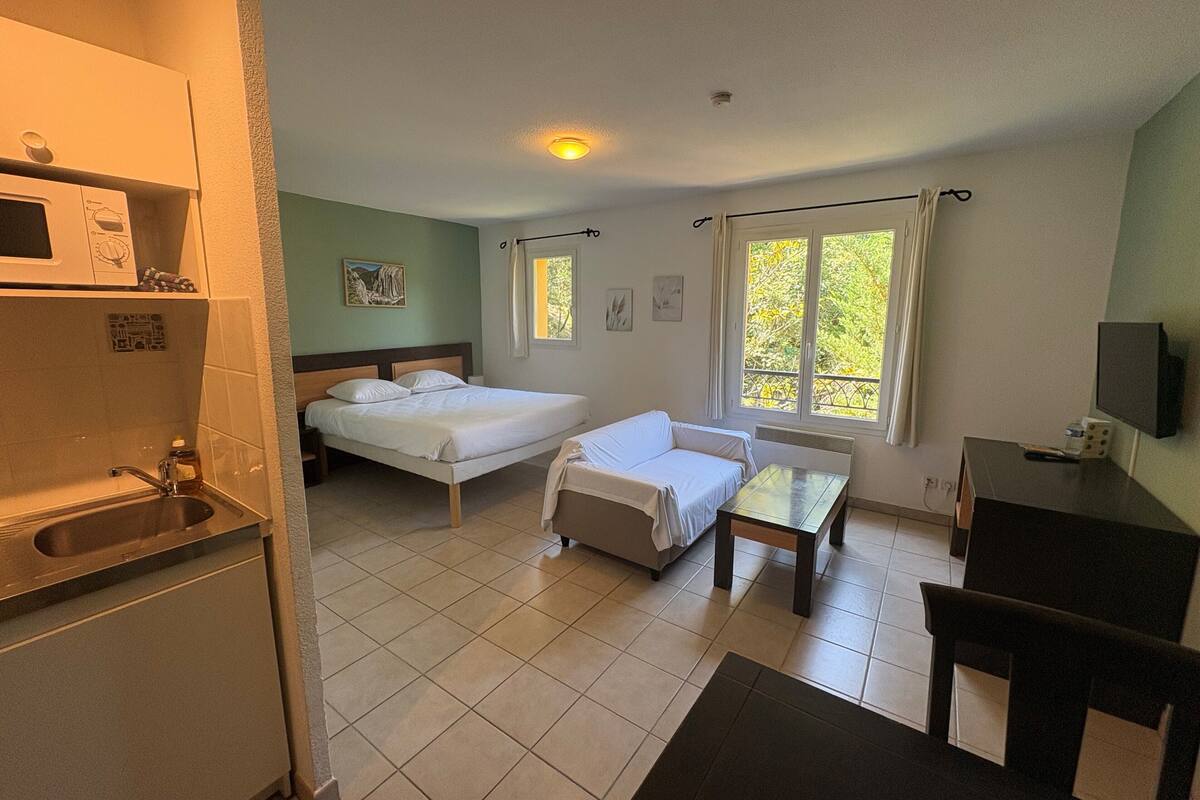 A hotel room with a bed, a bedside table, a chair, a small desk, a TV, a window with curtains, a microwave, and a sink.