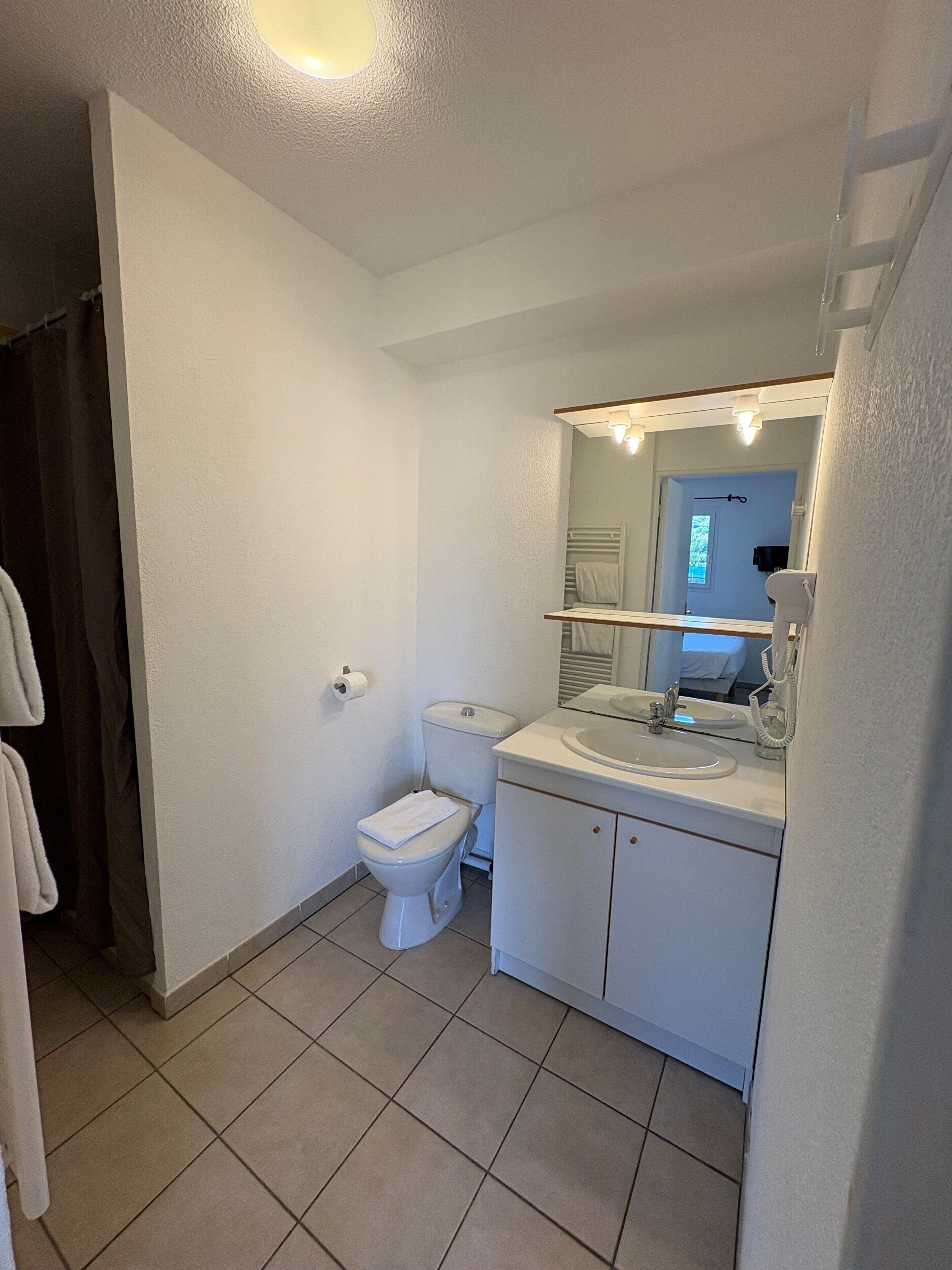 A bathroom with a toilet, sink, mirror, and towel rack.
