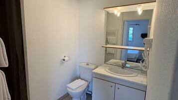 A bathroom with a toilet, sink, mirror, and towel rack.
