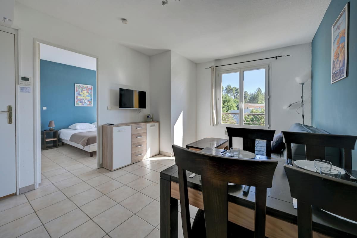 A room with a bed, a TV, a dining table, and a window with a view.