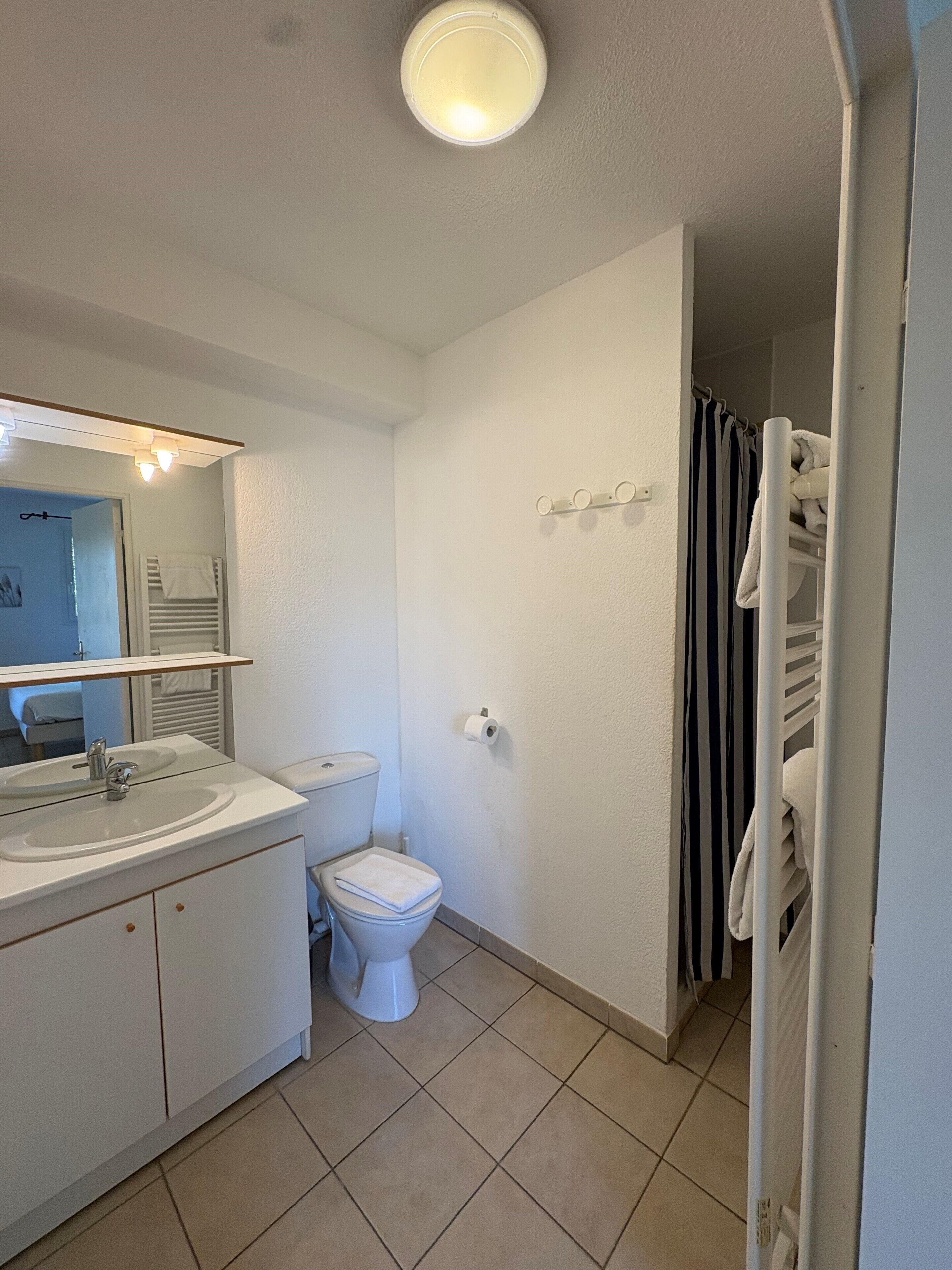 Baño con inodoro, lavabo, espejo, toallero y cortina de ducha.