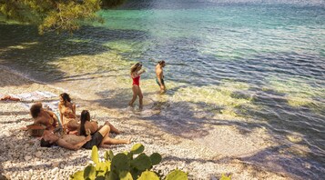 在海滩、沙滩椅、海滩遮阳伞