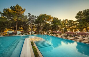 Outdoor pool, pool umbrellas, sun loungers