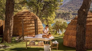 Ein Wellnessbereich mit Massageliege, einem Gebäude mit Reetdach und Blick auf See und Berge.