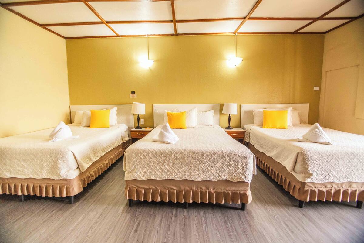 Habitación de hotel con tres camas, cada una con cubrecama blanco y falda marrón. Hay dos lámparas de noche y una lámpara empotrada en la pared.