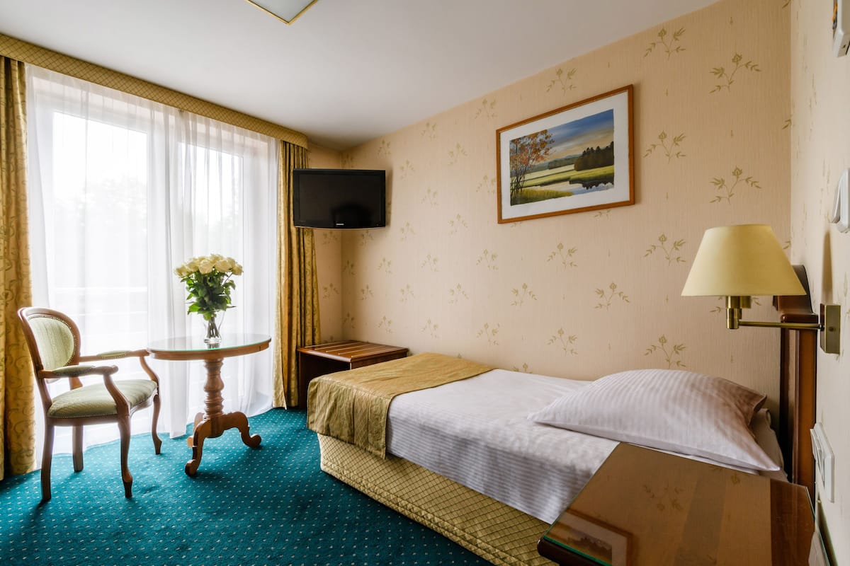 Habitación de hotel con una cama, una silla, una mesita con un florero, un televisor y un cuadro en la pared.