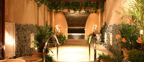 Sauna, spa tub, hot springs, body treatments, mud baths, facials