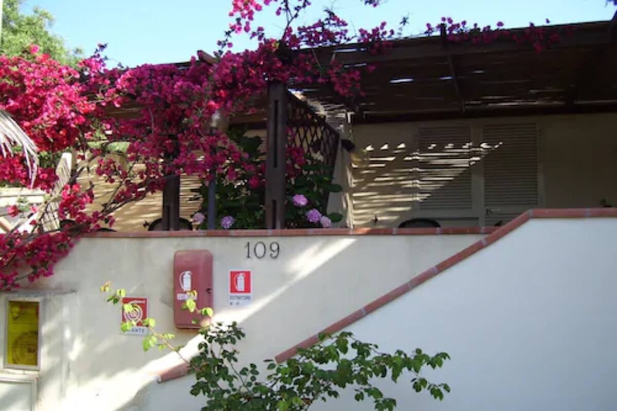 A building with a number 109 sign, a fire extinguisher, and a small window with a yellow door.