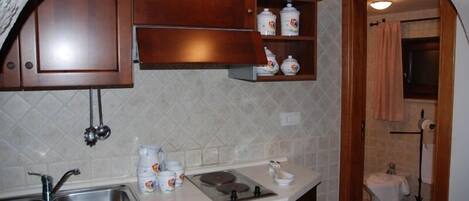 A kitchen with a sink, stove, and wooden cabinets.