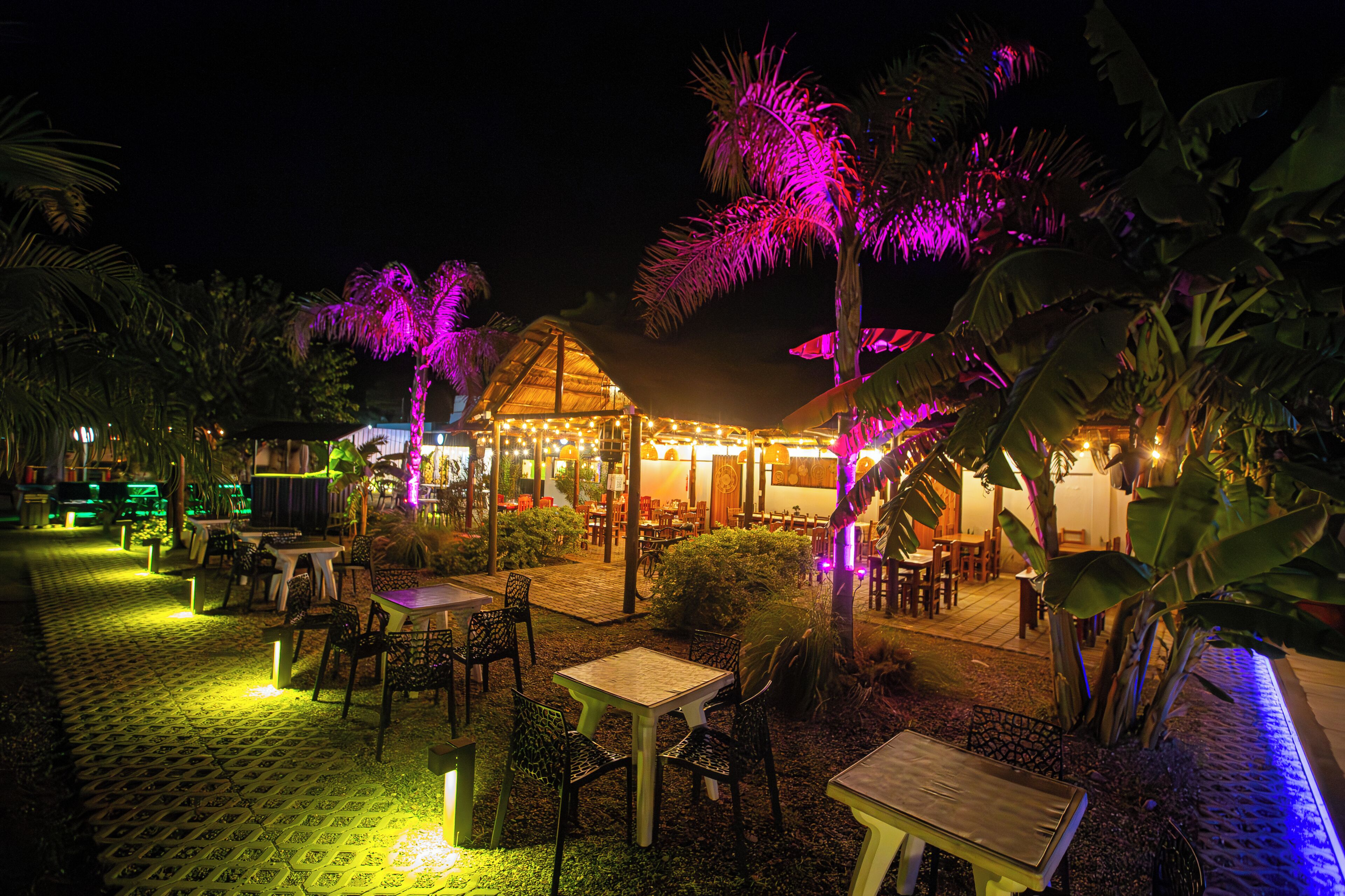 Un área de comedor al aire libre con mesas y sillas, rodeada de palmeras e iluminada con luces moradas.