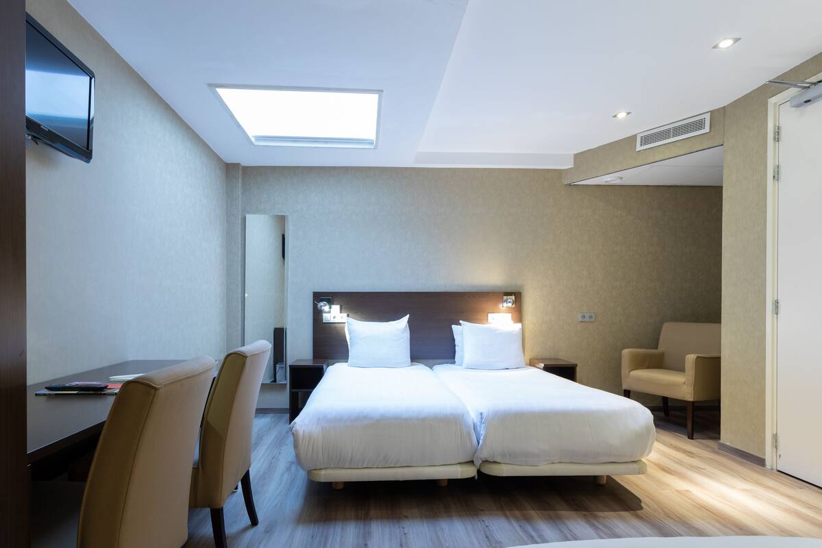 A hotel room with a bed, a desk, a chair, a TV, and a skylight.