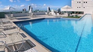 Outdoor pool, pool umbrellas, sun loungers