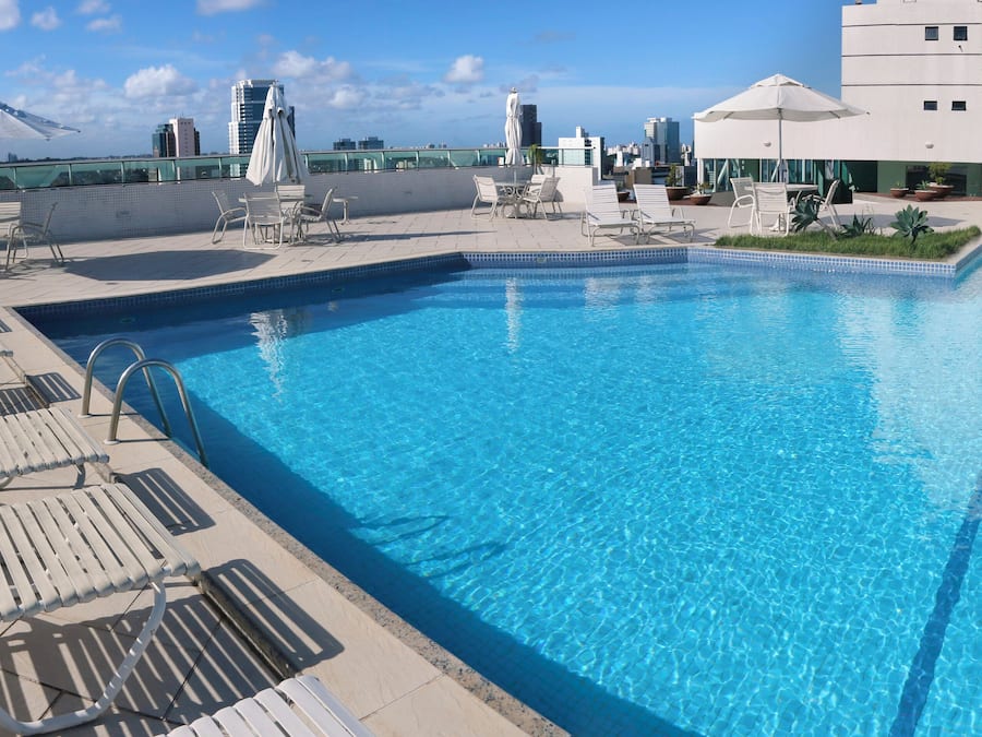 Outdoor pool, pool umbrellas, pool loungers