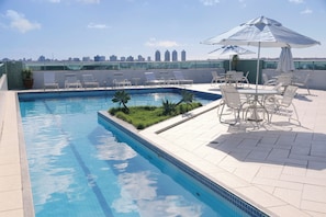 Outdoor pool, pool umbrellas, pool loungers