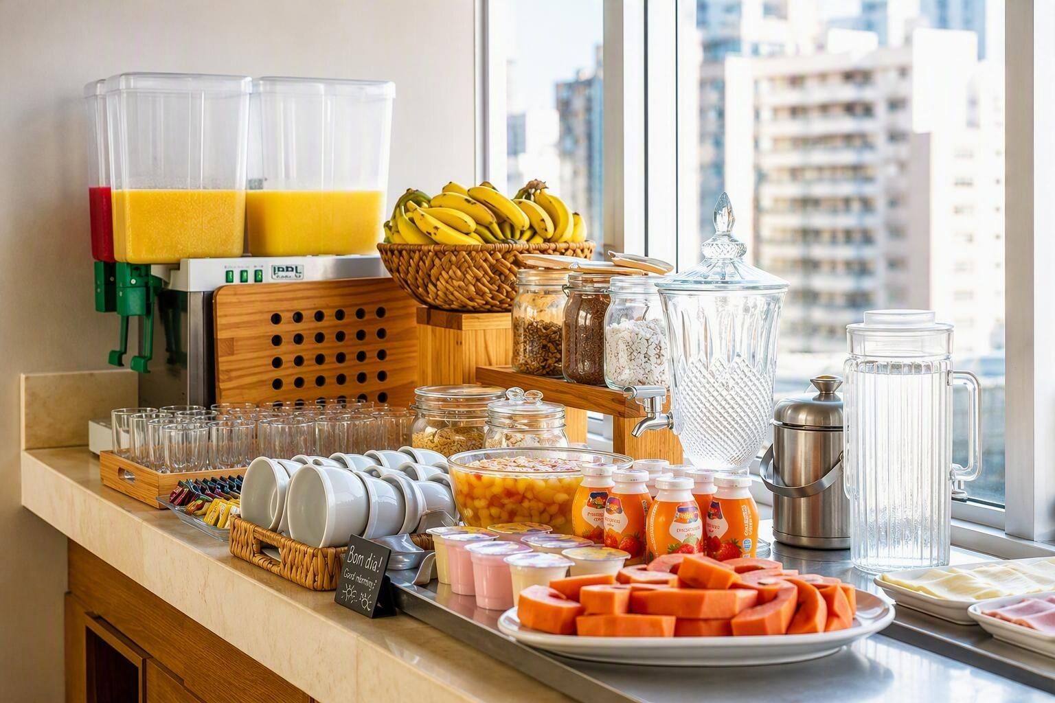 A breakfast buffet with various food items and beverages.