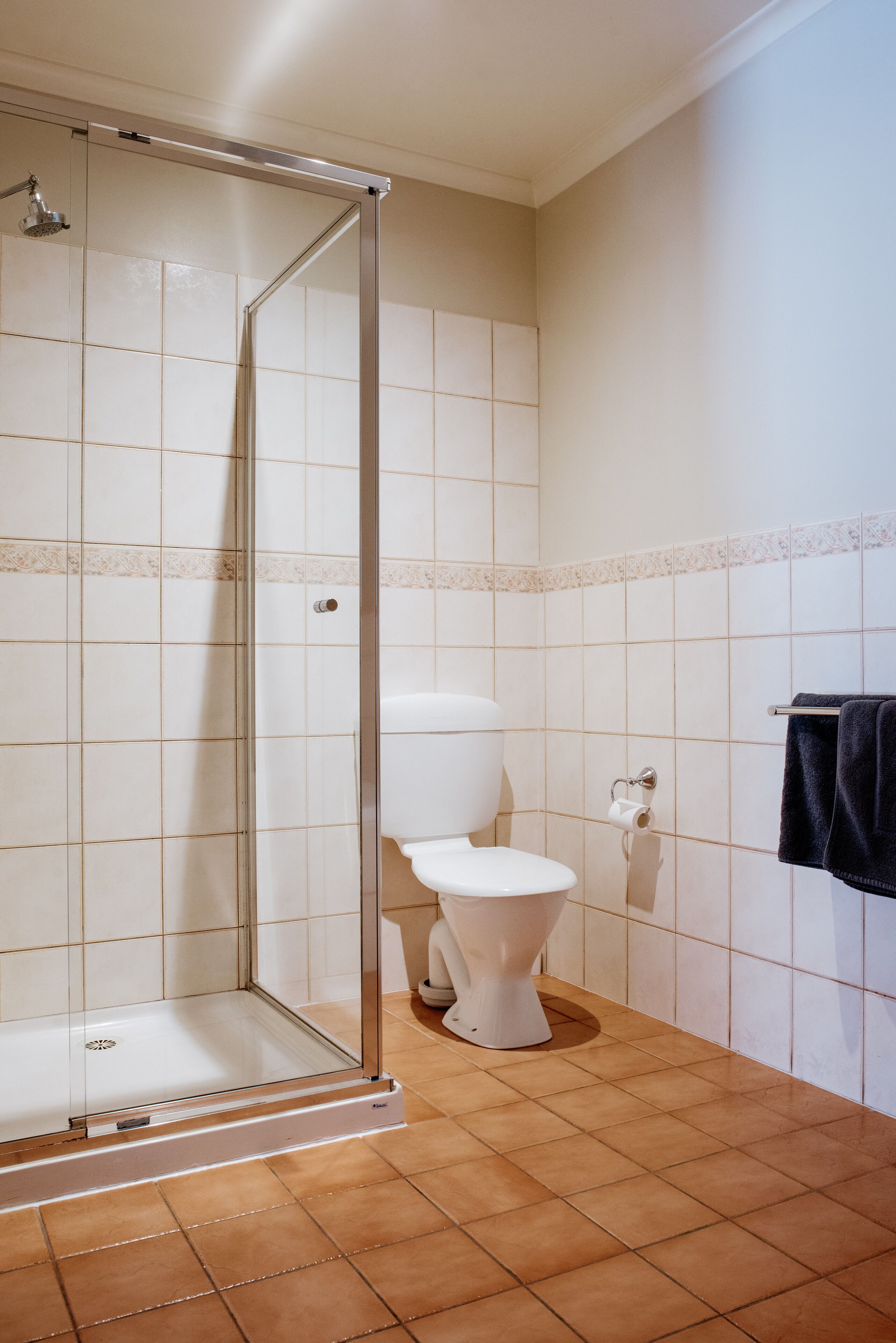 Un baño con ducha de mampara de vidrio, inodoro y perchero para toallas.