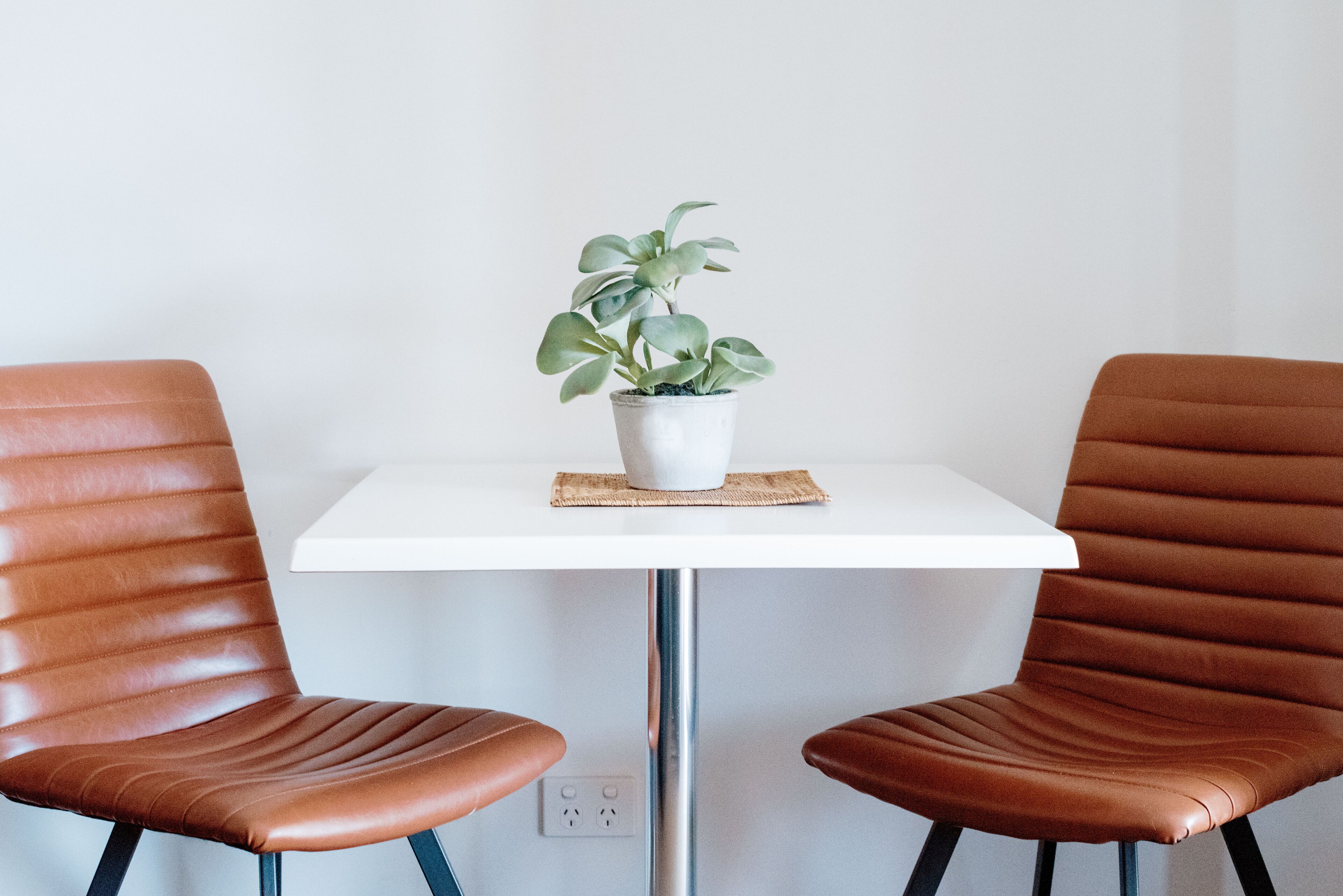 A white table with two brown leather chairs, a potted plant, and a woven placemat.
