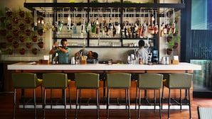 A bar area with a long counter, multiple stools, and shelves stocked with bottles and glasses.