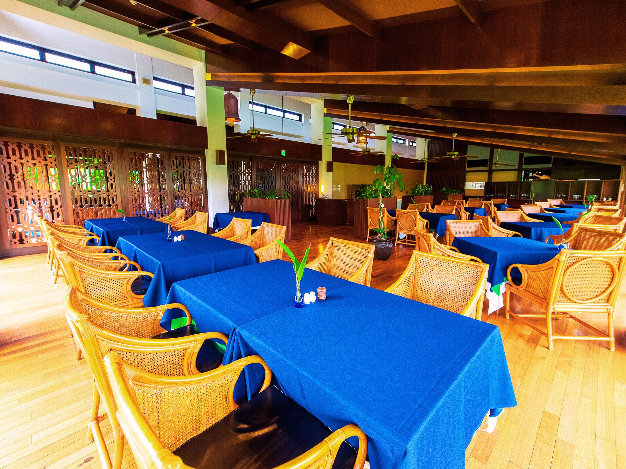 Ein Restaurant mit mehreren Tischen, bedeckt mit blauen Tischdecken, Korbstühlen und Blumentöpfen.