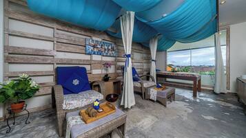 Body treatments, body scrubs, facials, manicures and pedicures, massages