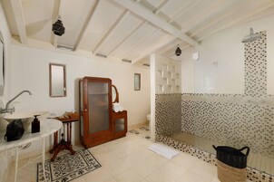 Baño con lavamanos, espejo, armario, ducha y azulejos estampados.