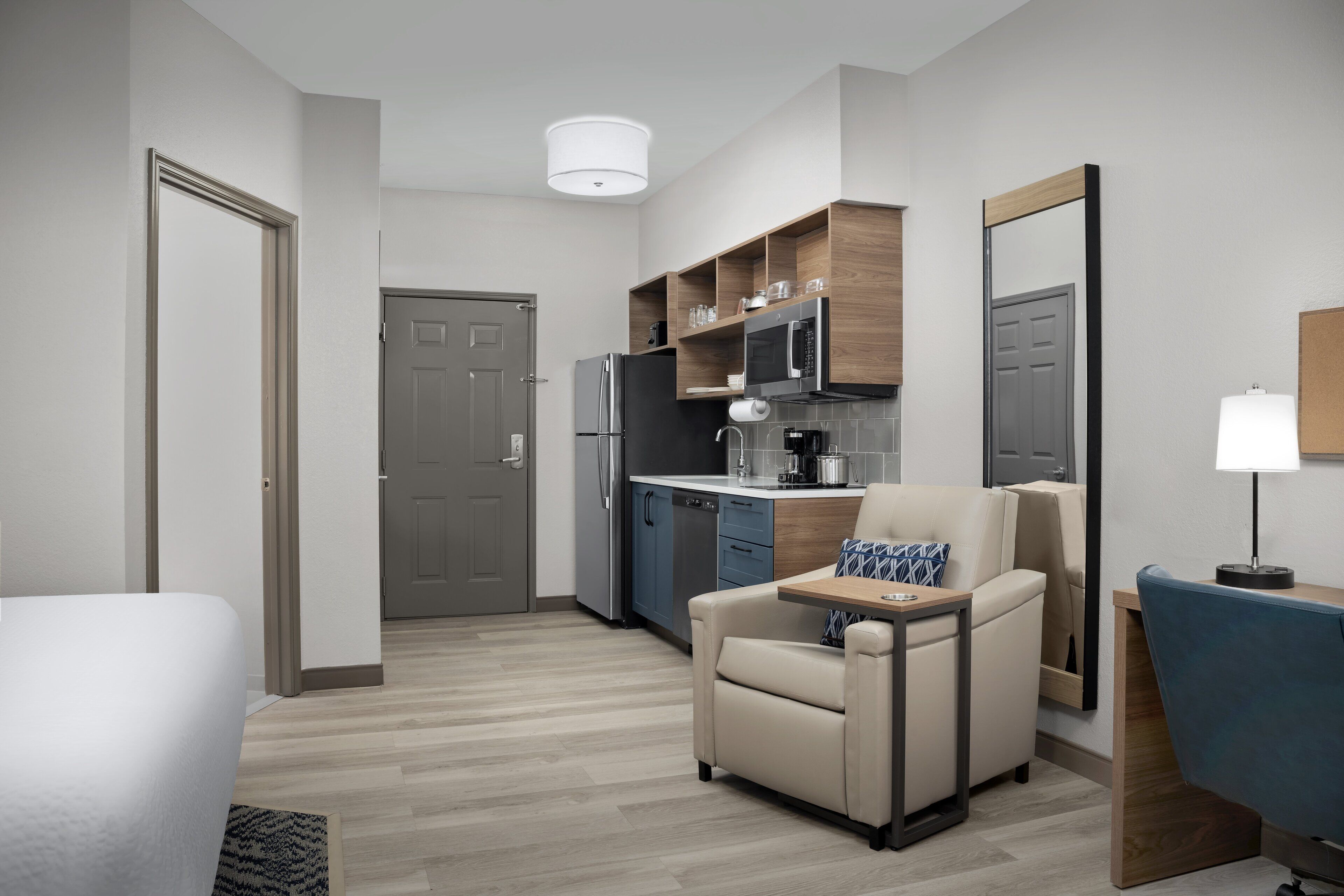 Down duvets, desk, laptop workspace, blackout curtains