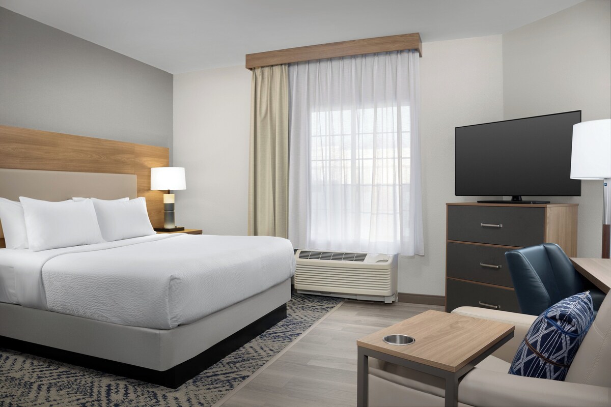 A hotel room with a bed, a desk, a television, and a chair.
