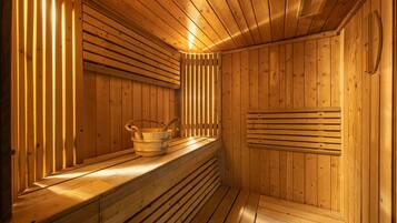 A wooden sauna with benches and a bucket.