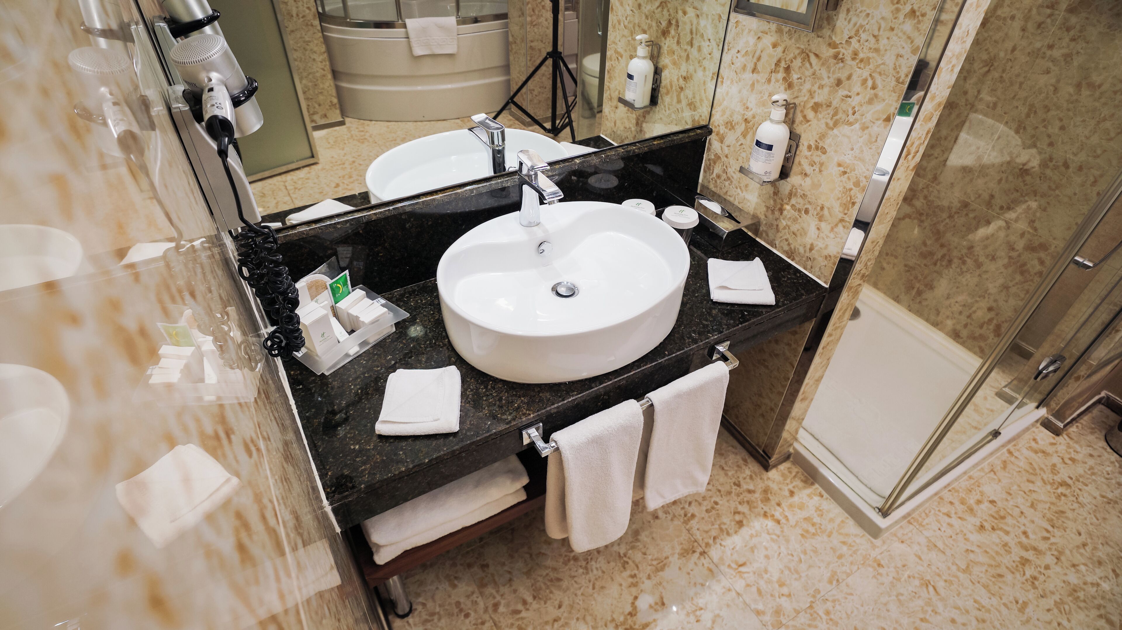 premium room | bathroom | shower, rainfall showerhead, eco-friendly toiletries, hair dryer