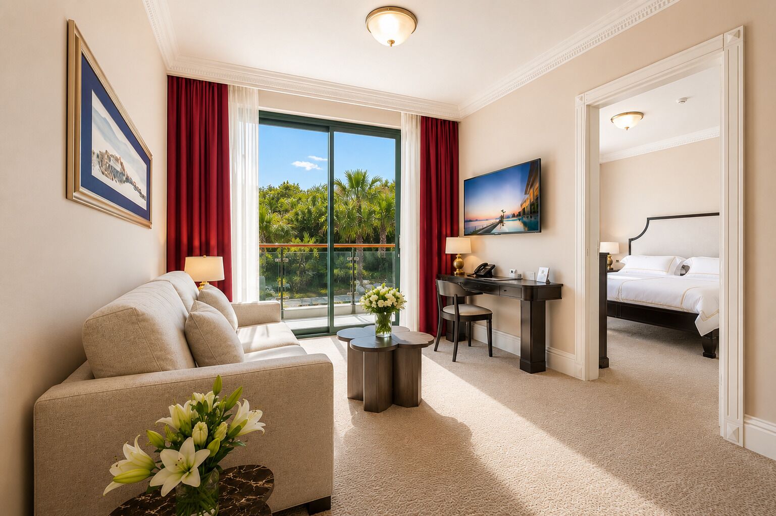 Deluxe Suite, 1 King Bed with Sofa bed, Balcony | Living area | 140-cm LCD TV with satellite channels, TV, fireplace
