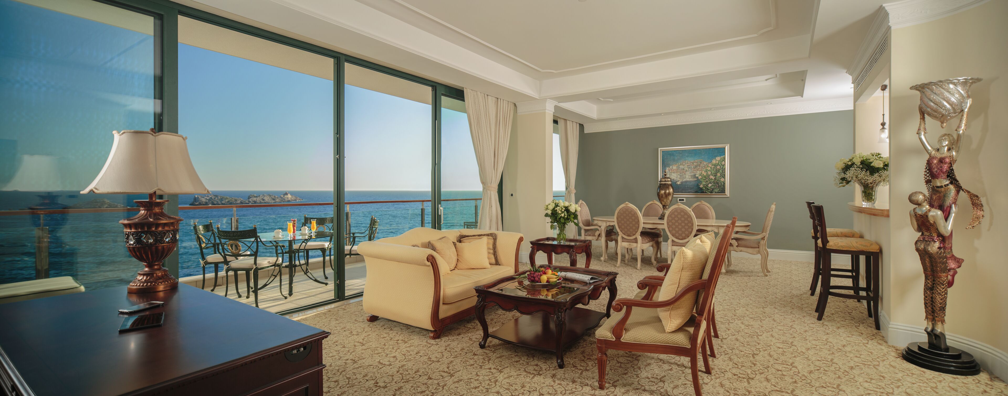 presidential suite | living area | 140-cm lcd tv with satellite channels, tv, fireplace