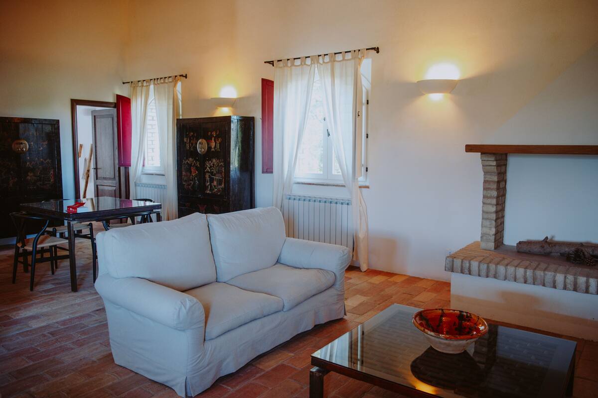 A living room with a sofa, a coffee table, a fireplace, and a dining area with a table and chairs.
