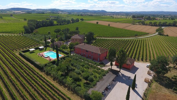 An aerial view of a vineyard estate with rows of grapevines, a swimming pool, and a red building. - Podere La Rocca (Montepulciano)