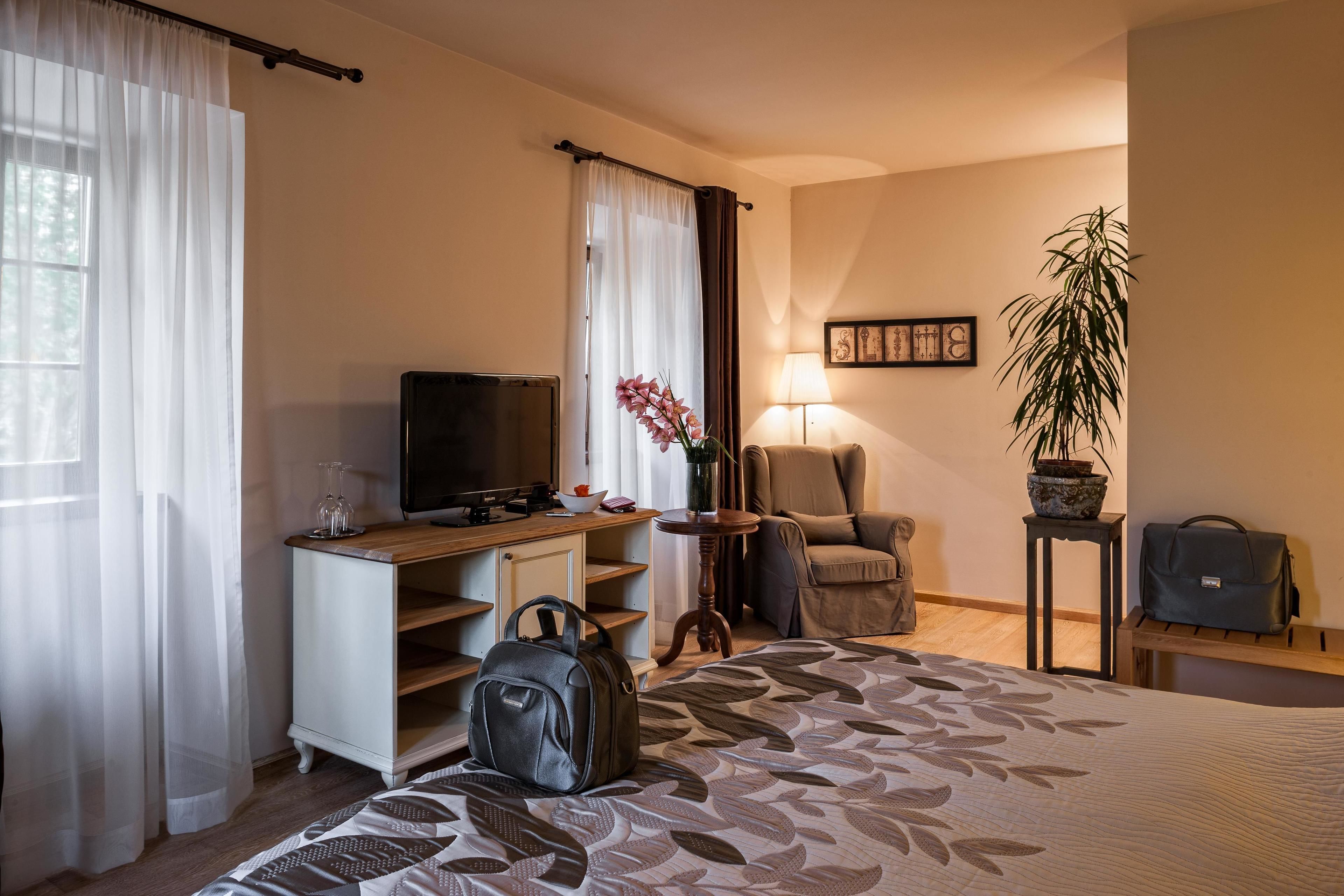 Una habitación de hotel con cama, escritorio con televisor, silla, lámpara, planta y maleta.
