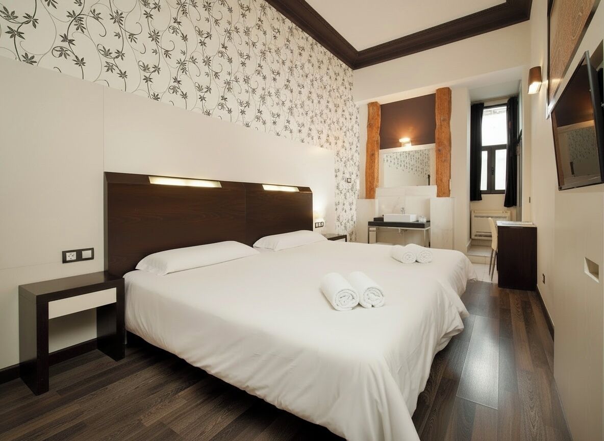 Habitación de hotel con una cama grande, un escritorio, un espejo y un baño visible a través de una puerta abierta.