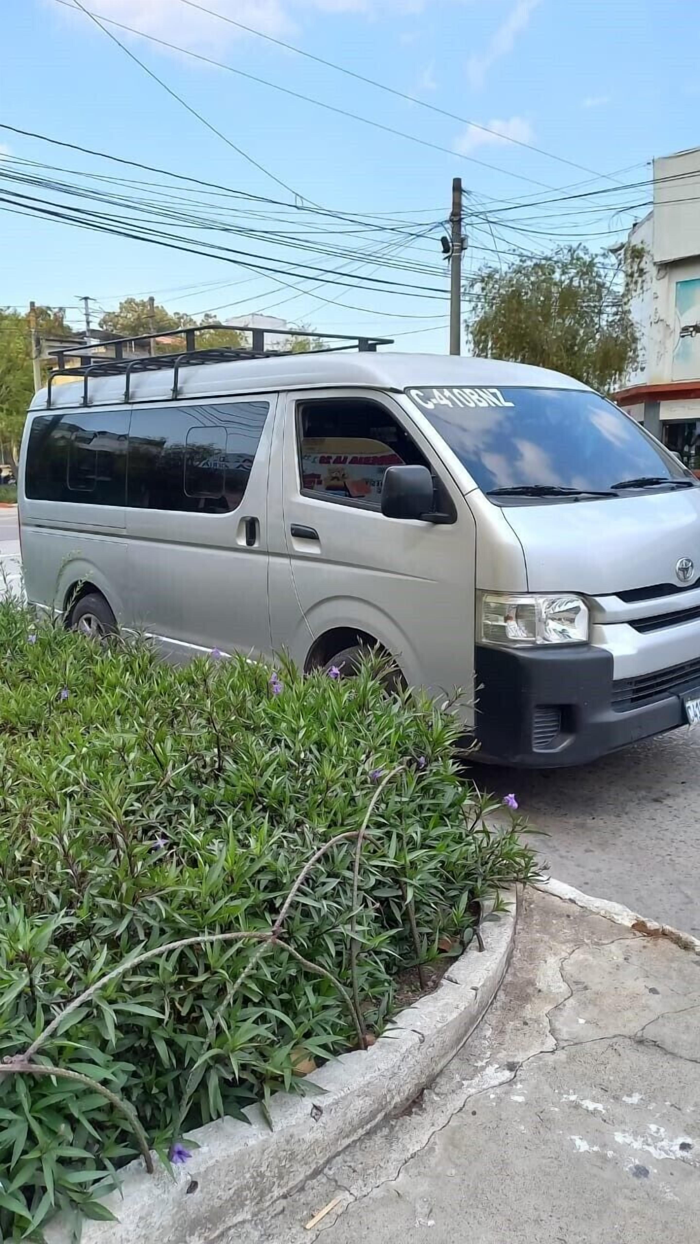 A silver van parked on a street with a license plate visible.