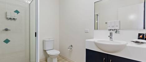 Un baño moderno con ducha de vidrio, inodoro blanco, lavamanos blanco y un espejo grande.