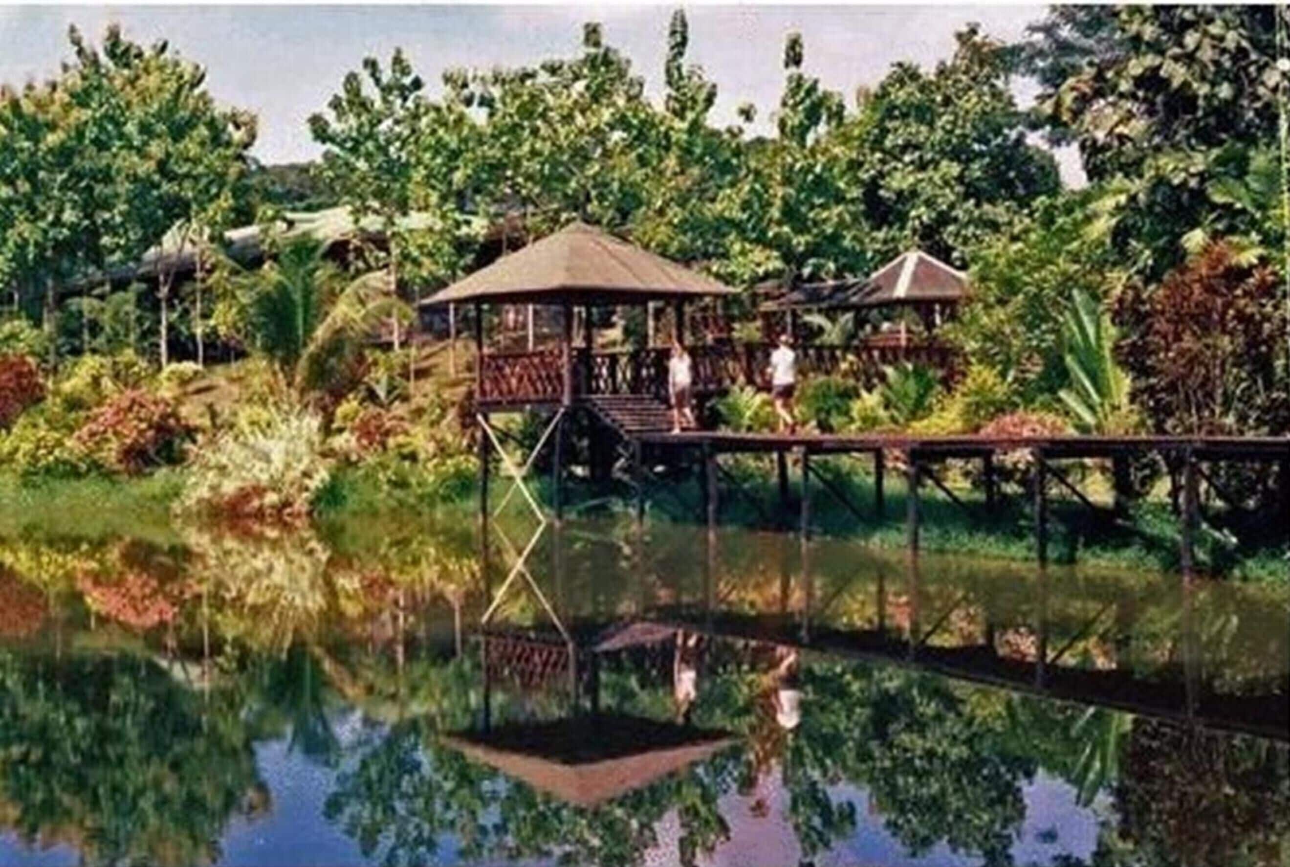 Un belvédère en bois, construit sur une jetée au-dessus d’une étendue d’eau, et entouré d’une végétation luxuriante.