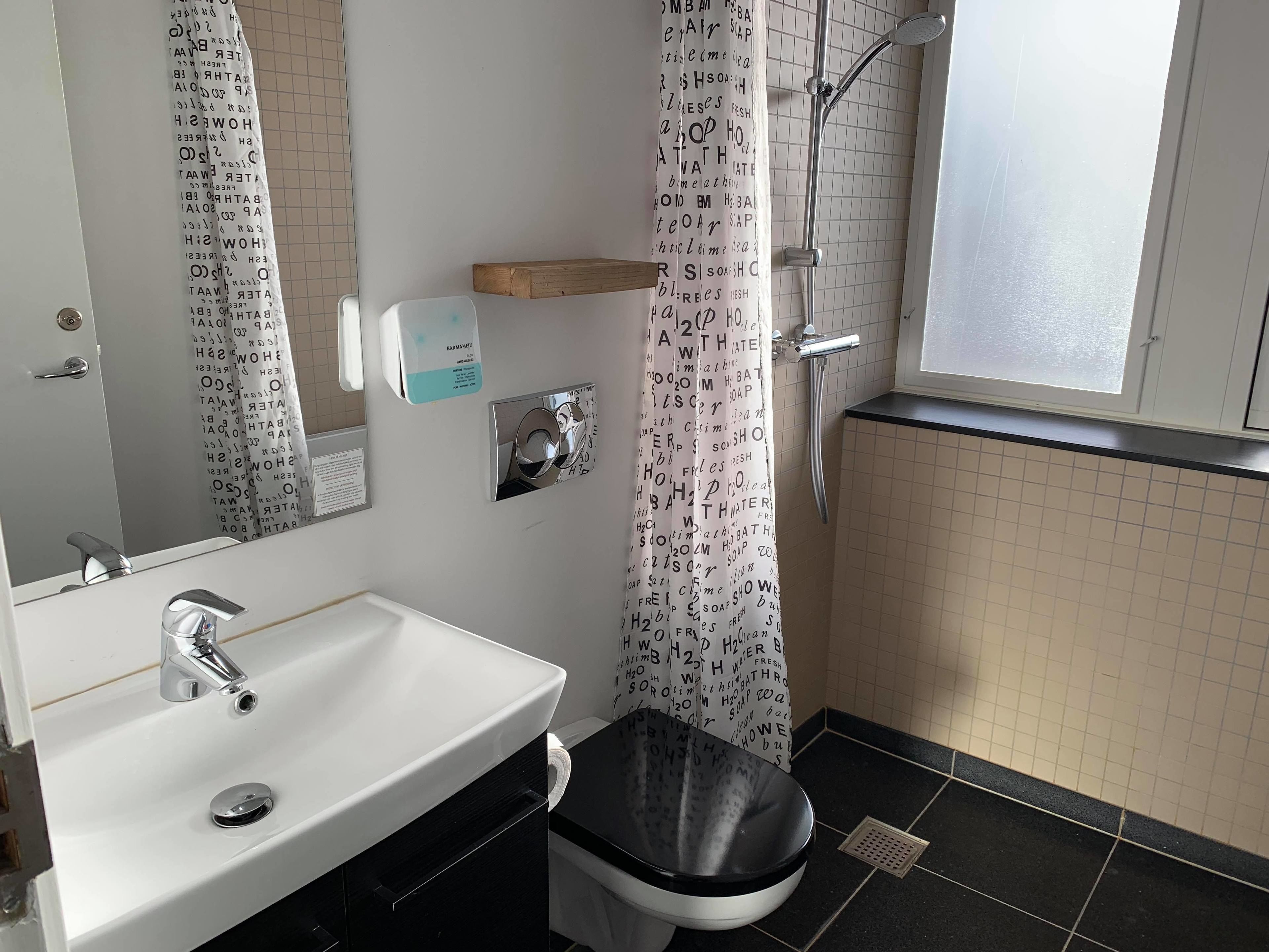 A bathroom with a white sink, a toilet, a shower, and a window.