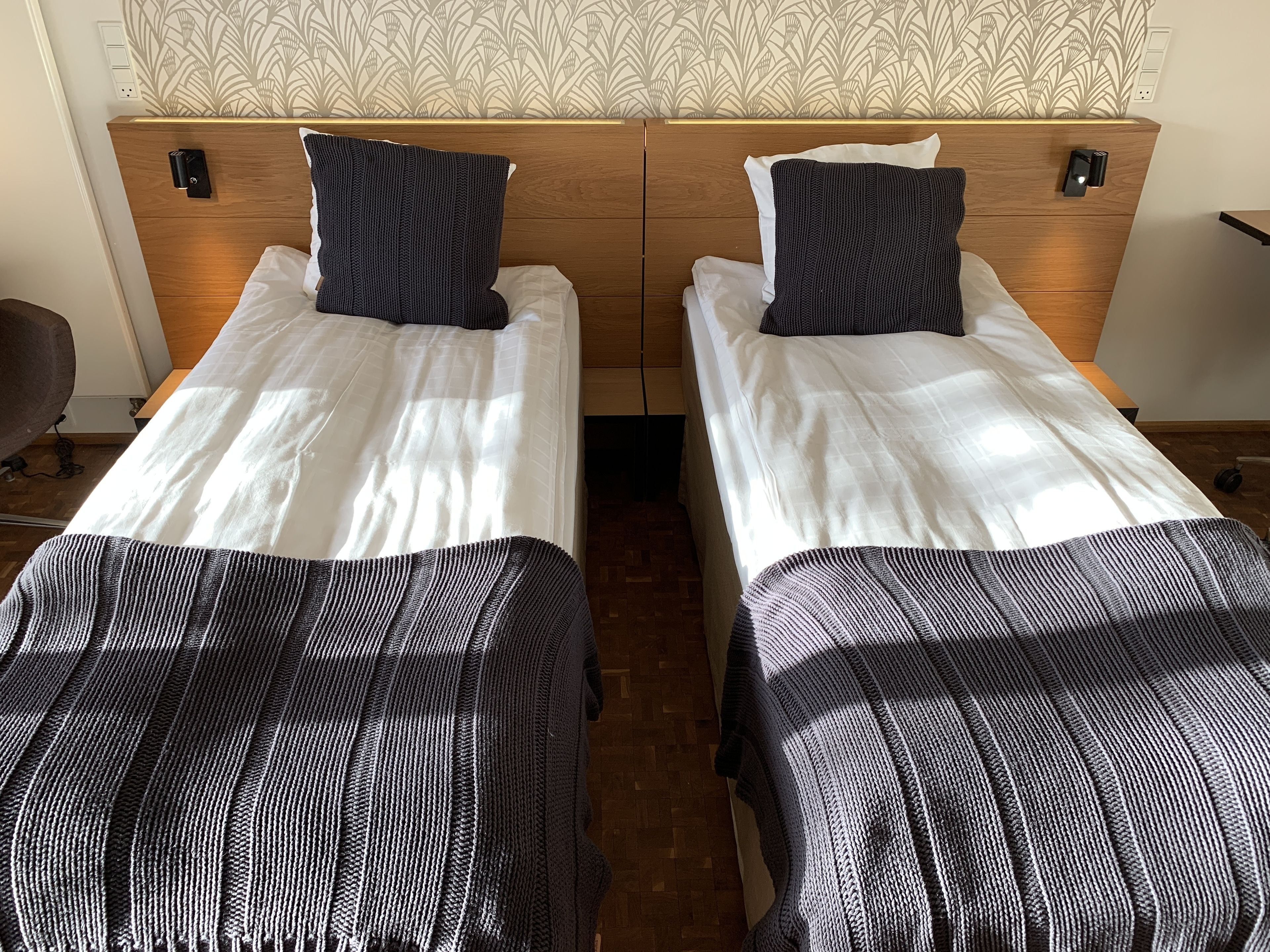 A double room with two beds, each with a pillow and a blanket.