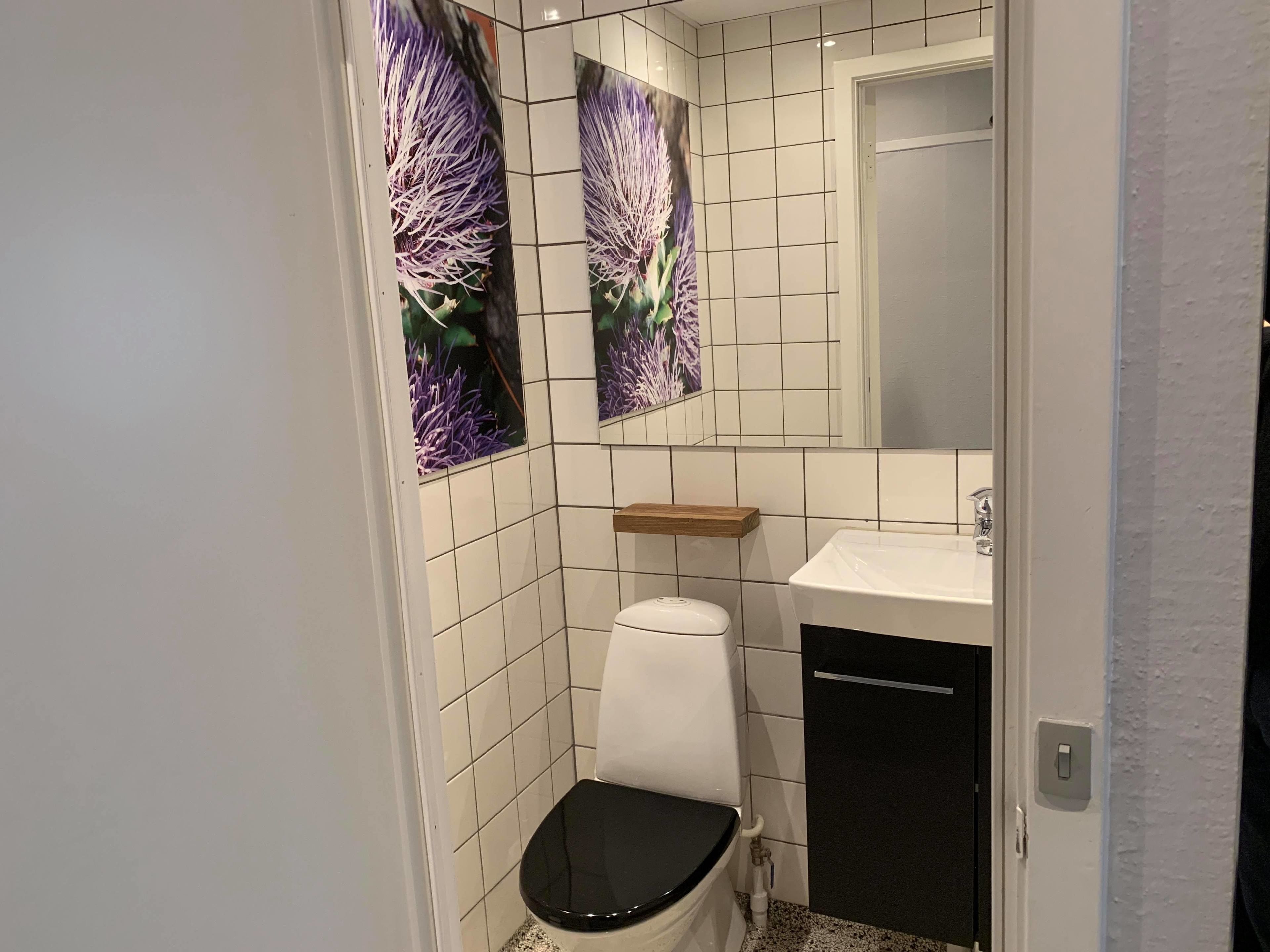 Casa de banho com sanita, lavatório, espelho e decoração na parede.
