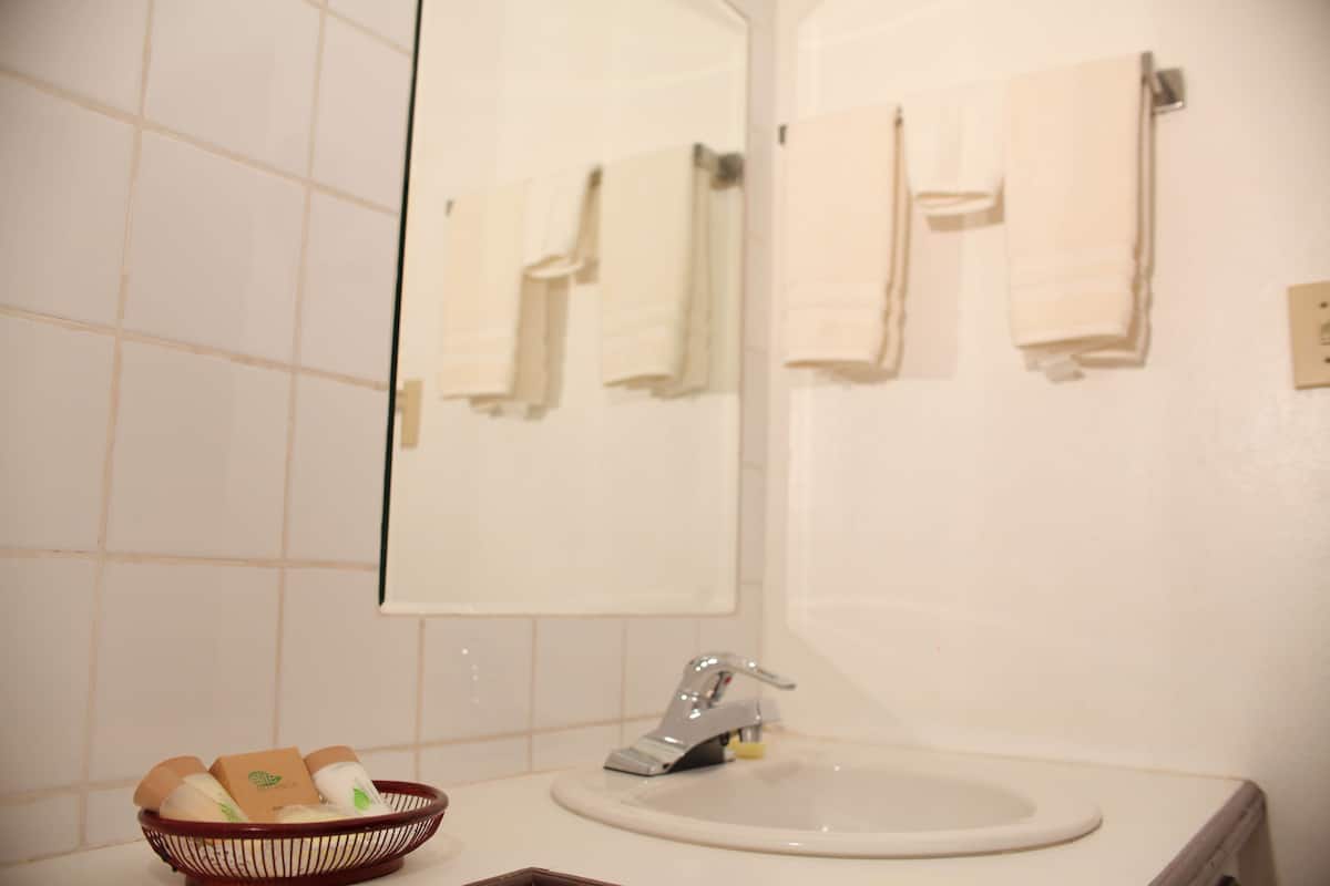 executive queen room, 2 queen beds | bathroom | shower, free toiletries, towels