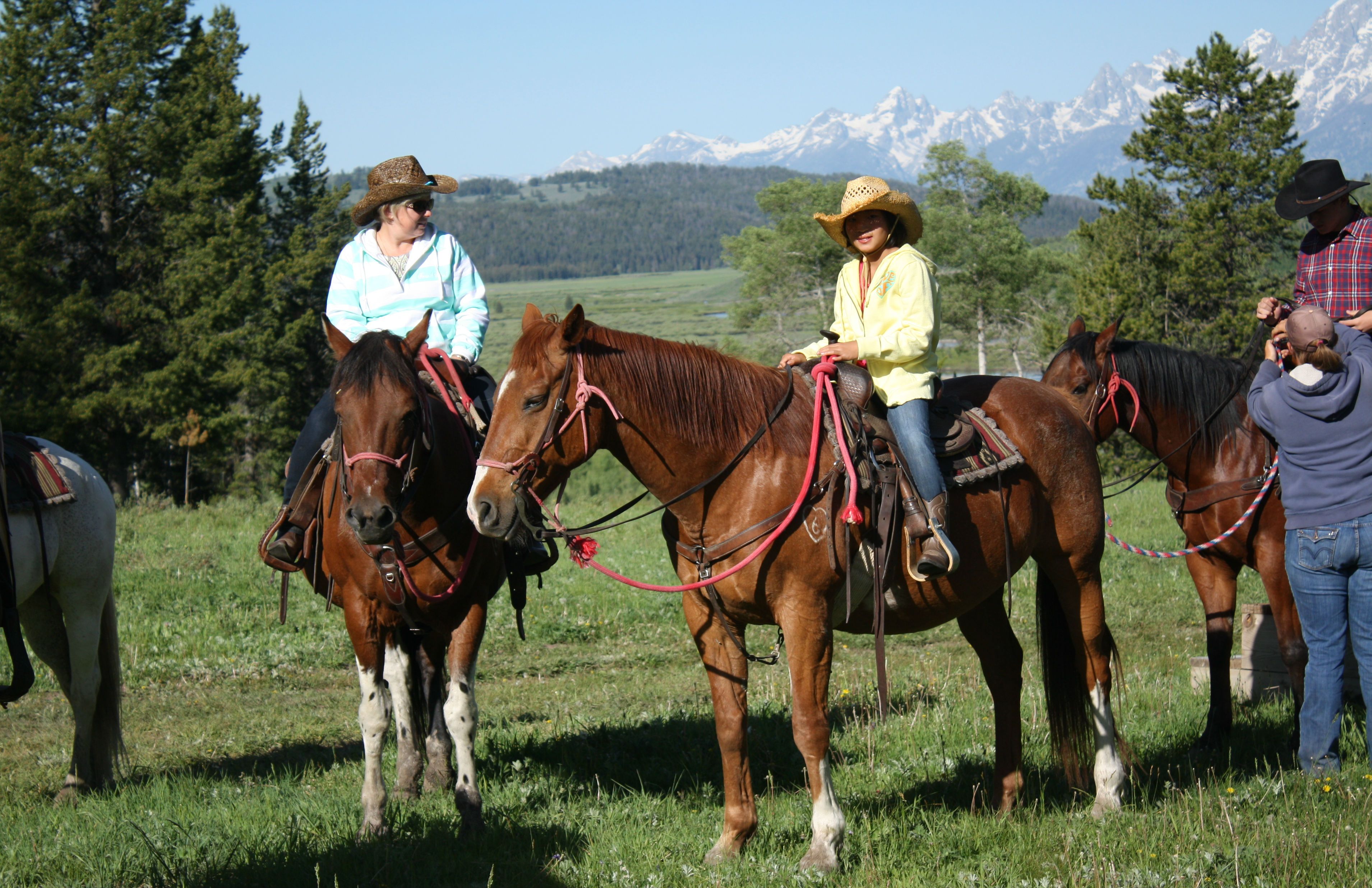 A group of people on horseback in a grassy field with mountains in the background.