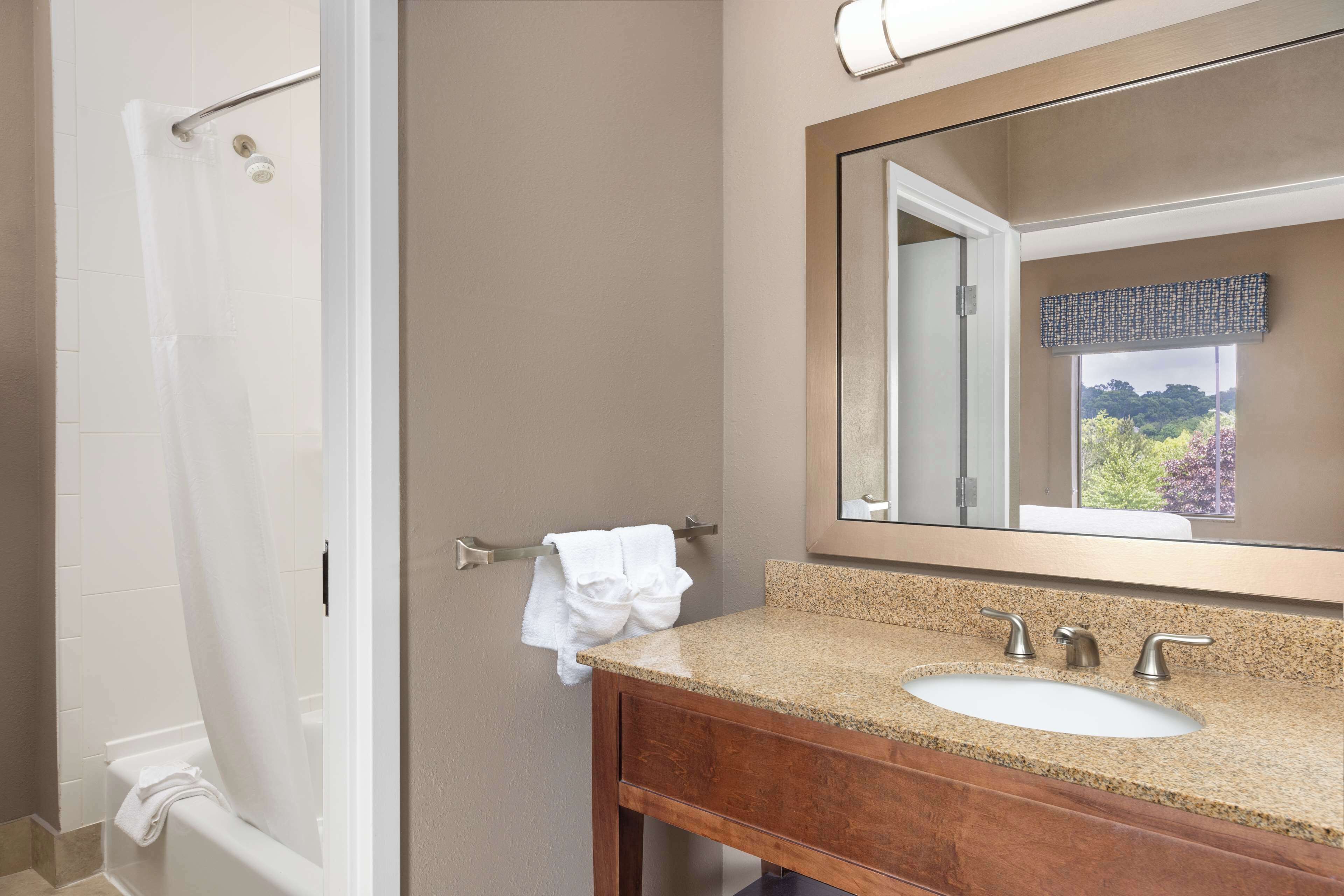 standard one king bed | bathroom | shower, hair dryer, towels