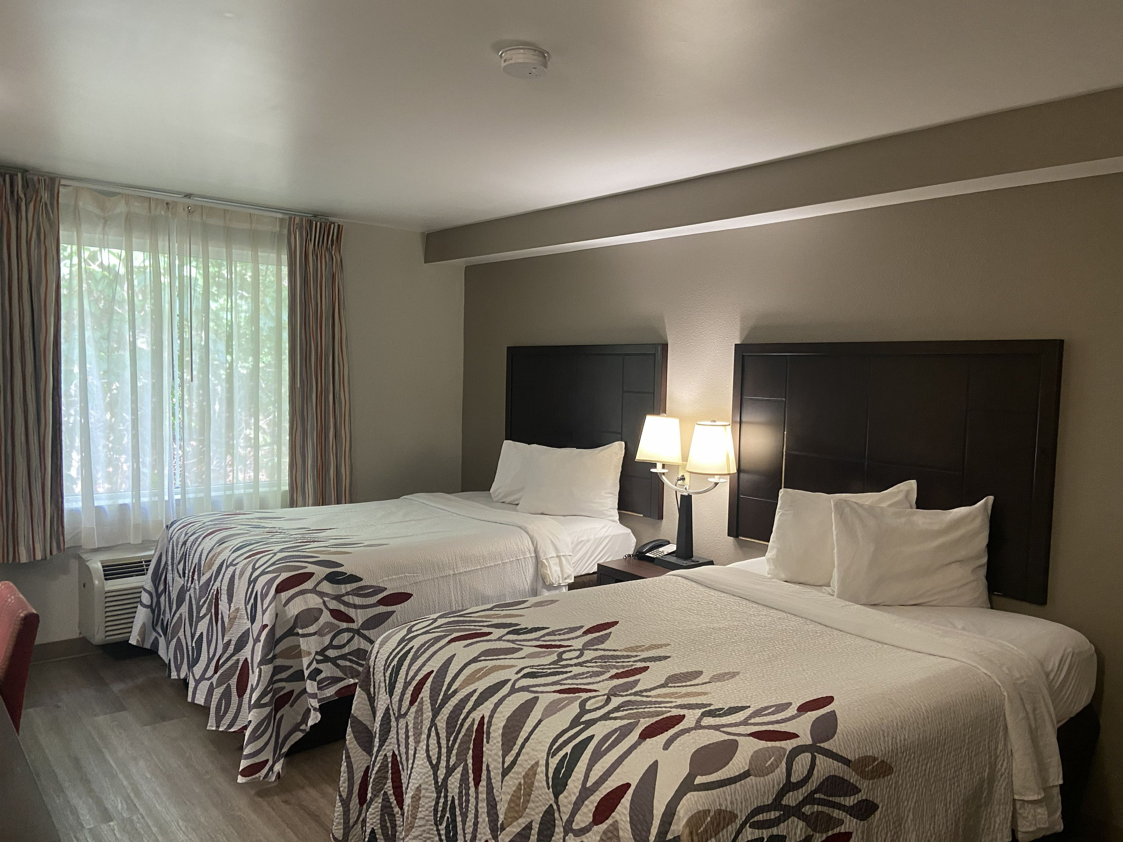 A hotel room with two beds, a nightstand with a lamp, and a window with curtains.