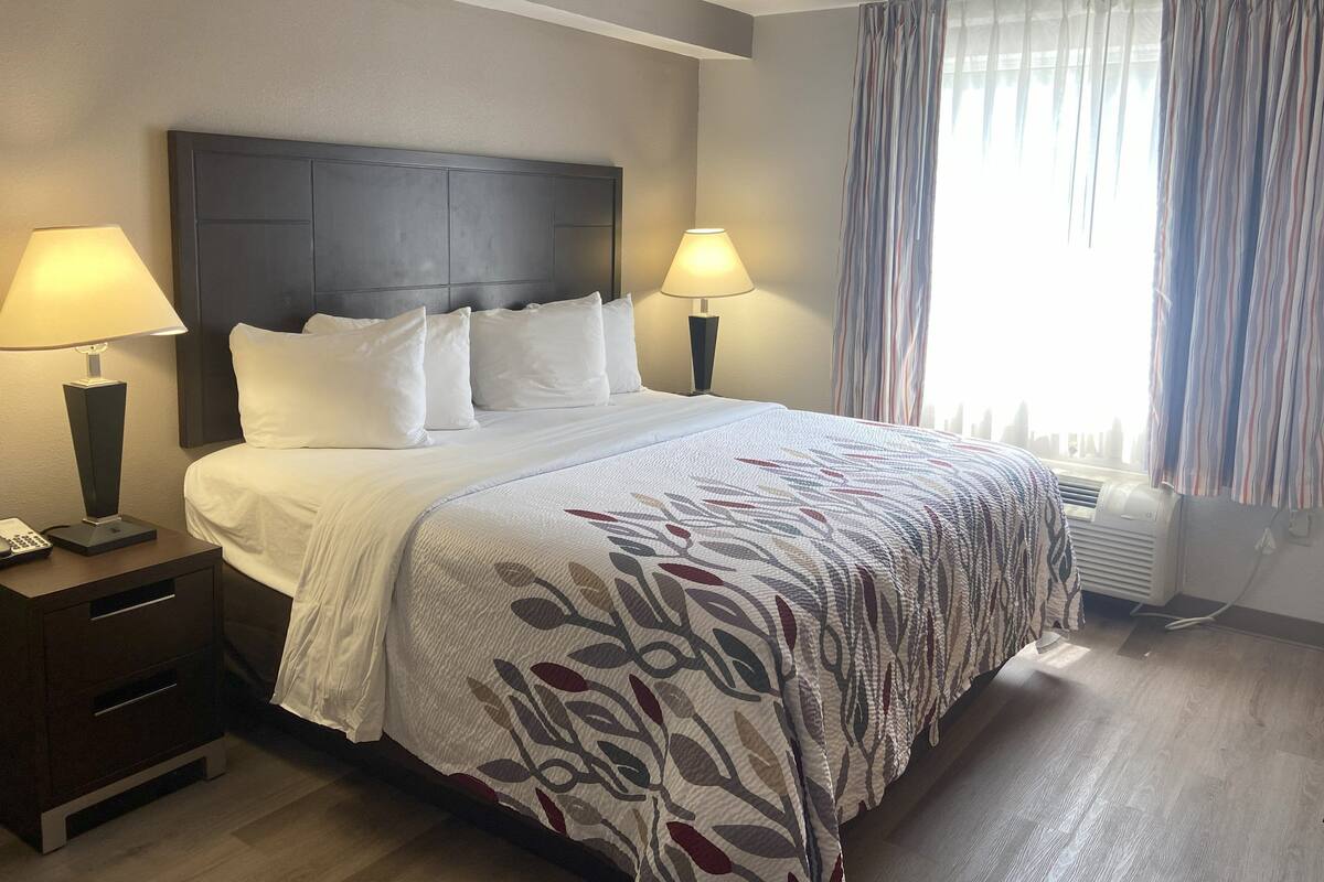 A hotel room with a large bed, two bedside lamps, a dark headboard, and a window with striped curtains.