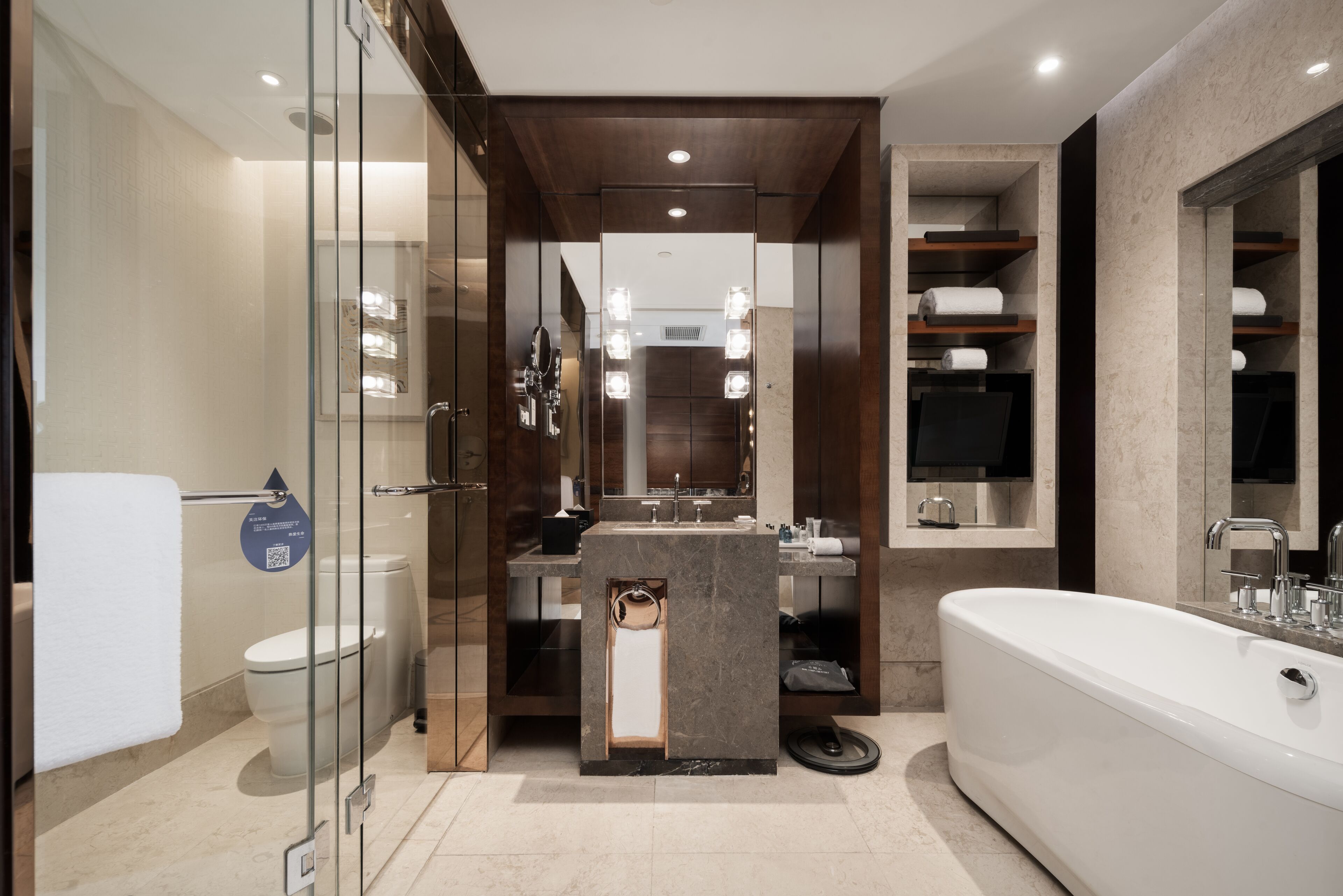 separate bathtub and shower, rainfall showerhead, hair dryer, bathrobes