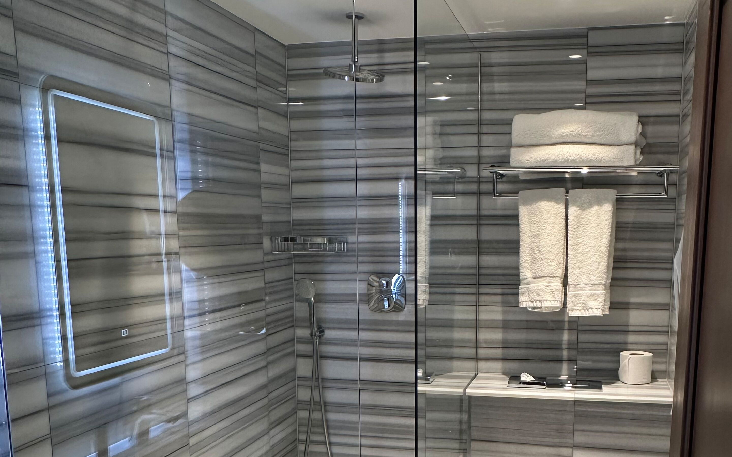 Een moderne badkamer met een douchecabine van glas, een handdoekhouder en een toiletrolhouder.