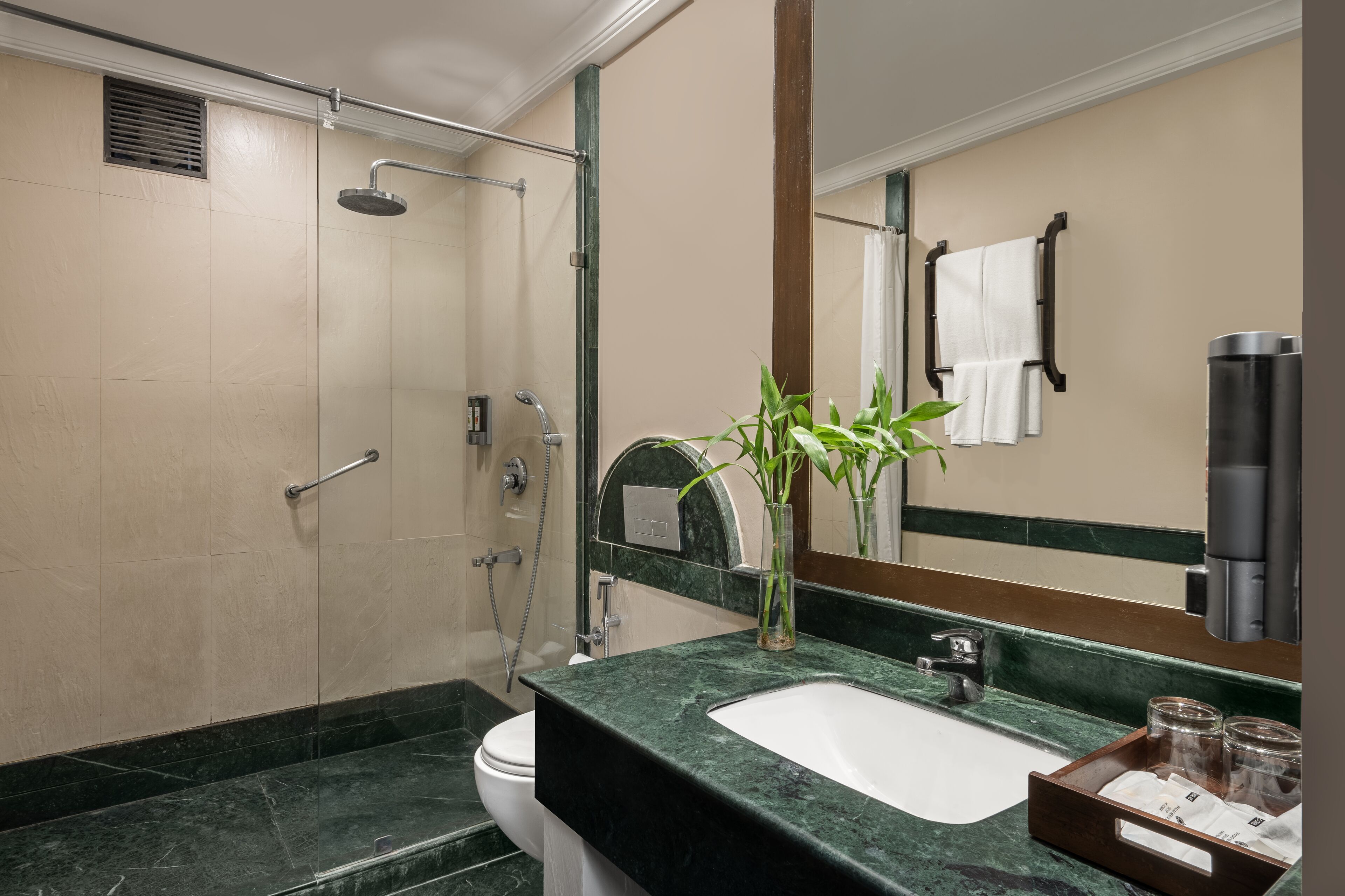 Une salle de bain moderne avec une douche à parois de verre, un lavabo en marbre et un grand miroir.