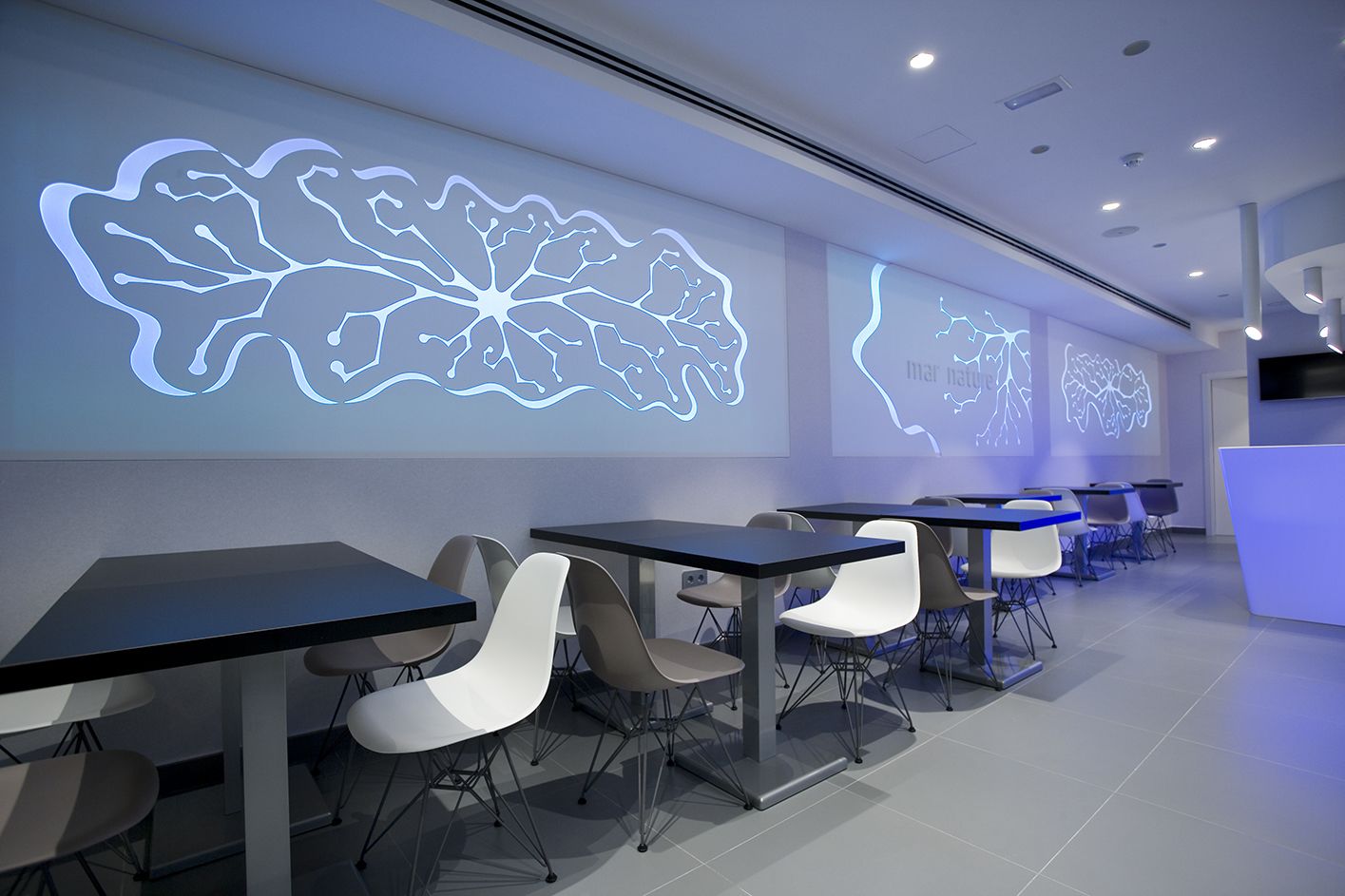 A modern conference room with tables and chairs, a reception desk, and a wall with illuminated leaf patterns.